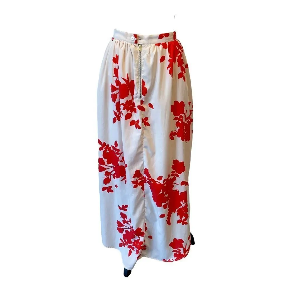 Rules of Etiquette Red White Floral High Low Maxi Skirt Elastic Waist Zipper S